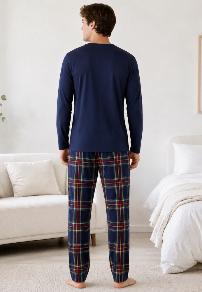 Pijama barbati Serena cu maneca lunga si pantalon lung-Bleumarin,Engros